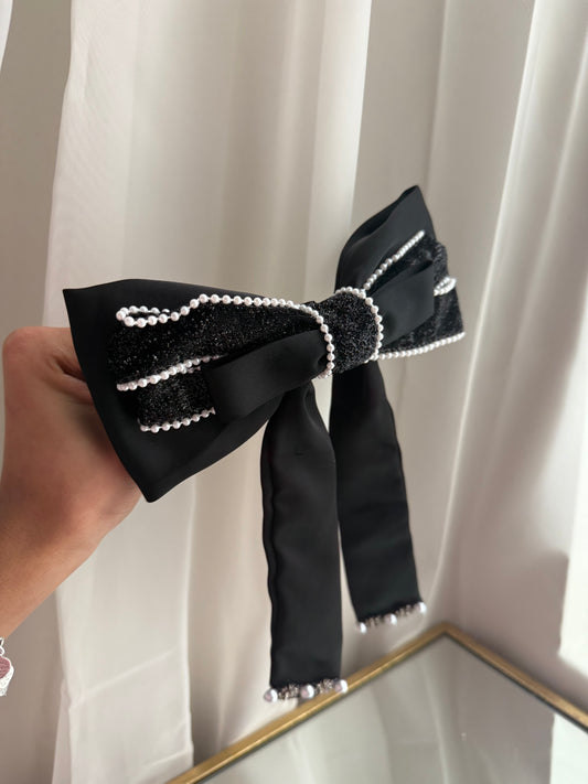 Elegant Black Glitter and Pearl Bow